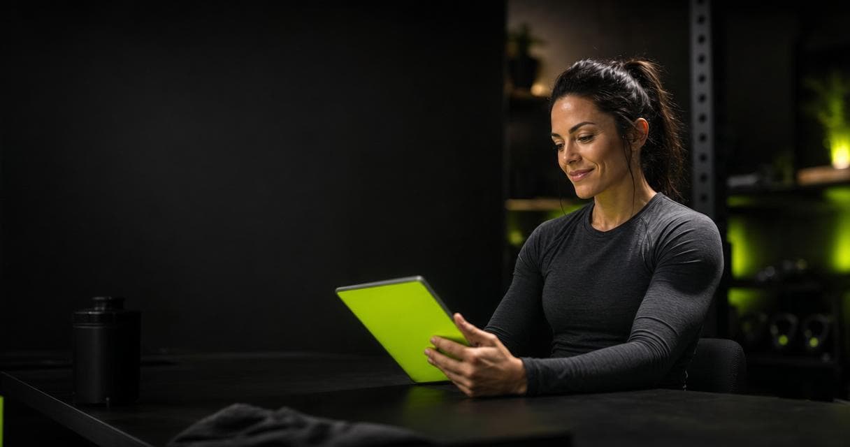 Online fitness coach reviewing pricing and coaching plans on a lime-lit tablet in a dark studio, illustrating how to price online coaching