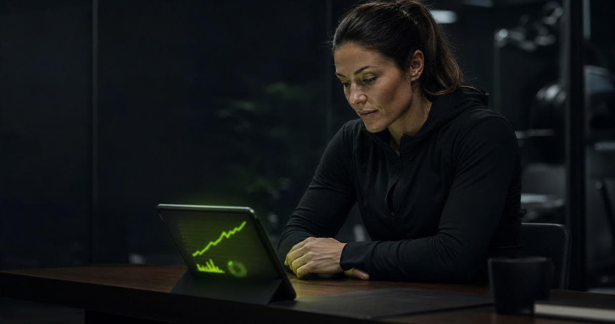Online coach reviewing client progress tracking data on a tablet with a glowing lime-green trend line in a dark studio