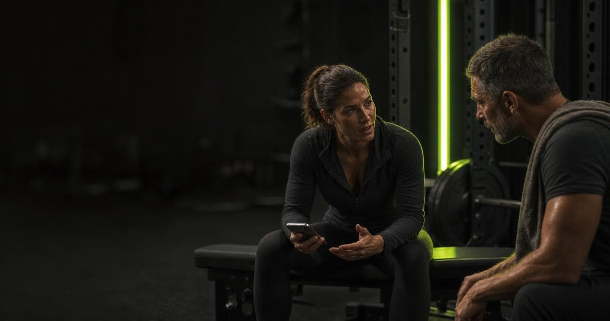Personal trainer talking with a client on a bench in a dark gym while holding a phone, discussing the move from in-person to online personal training