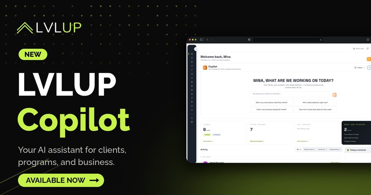 LVLUP Copilot launch card showing the AI assistant for fitness coaches inside the coaching dashboard
