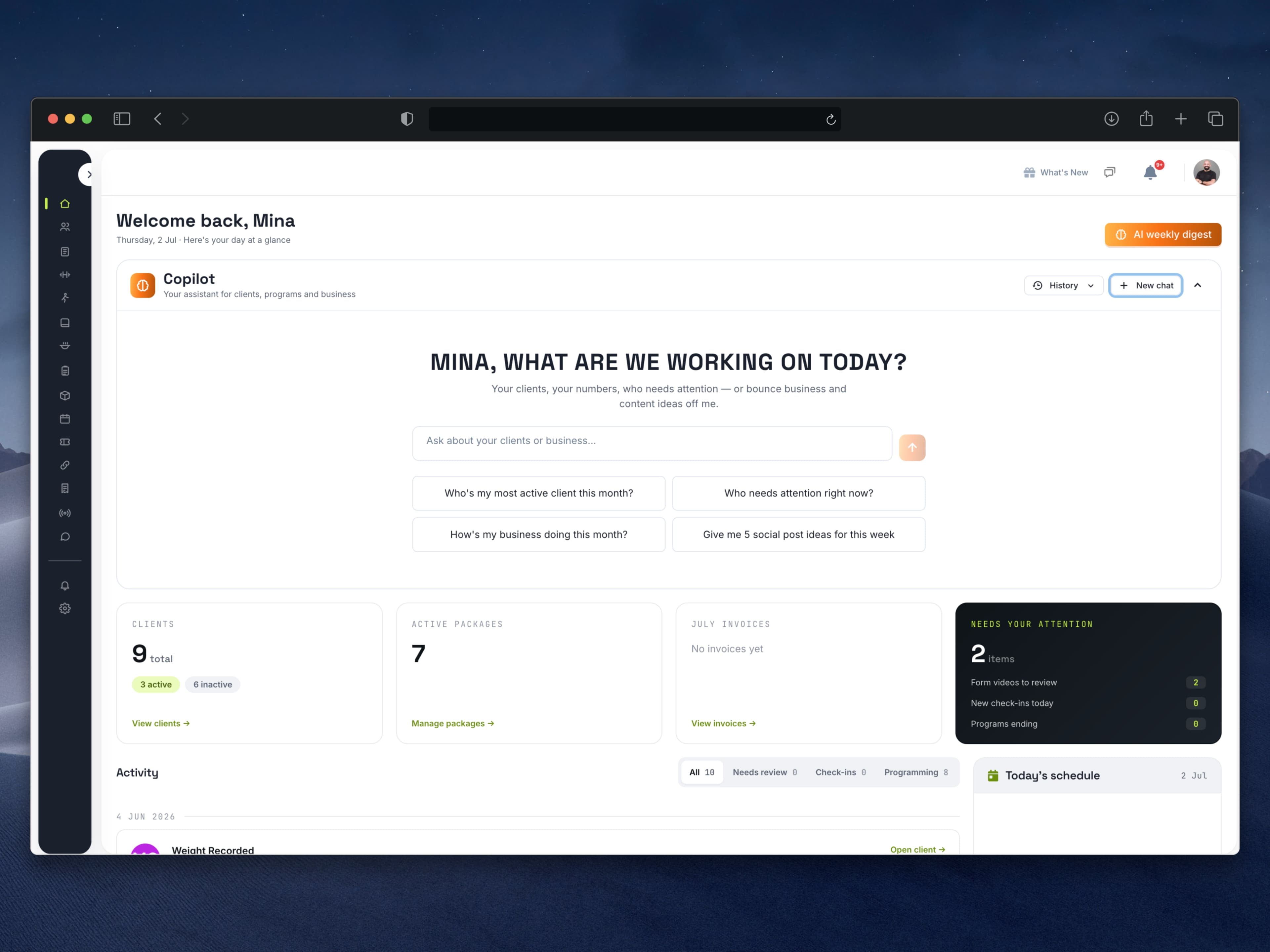 The Copilot panel on the LVLUP dashboard home page, ready to answer questions about clients, programs, and business