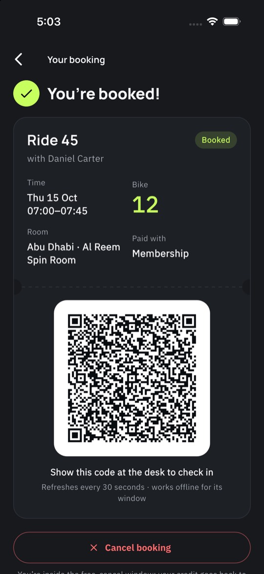 Booked, with the check-in QR
